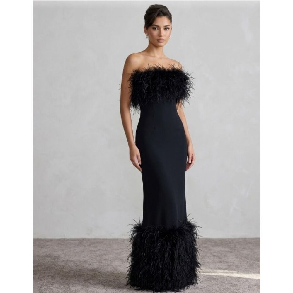 NWT Nova Luxe Strapless Feather Bust & Hem Maxi Dress Size S